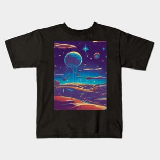 Colorful anime retro planet landscape space seamless pattern Kids T-Shirt